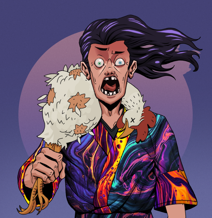 Tokuda — Degen Dojo NFT art (Shirtless Runt, Purple Night, Degens, Rainbow Kimono, Tokuda, Flowing Battousai, Chicken, Mint)
