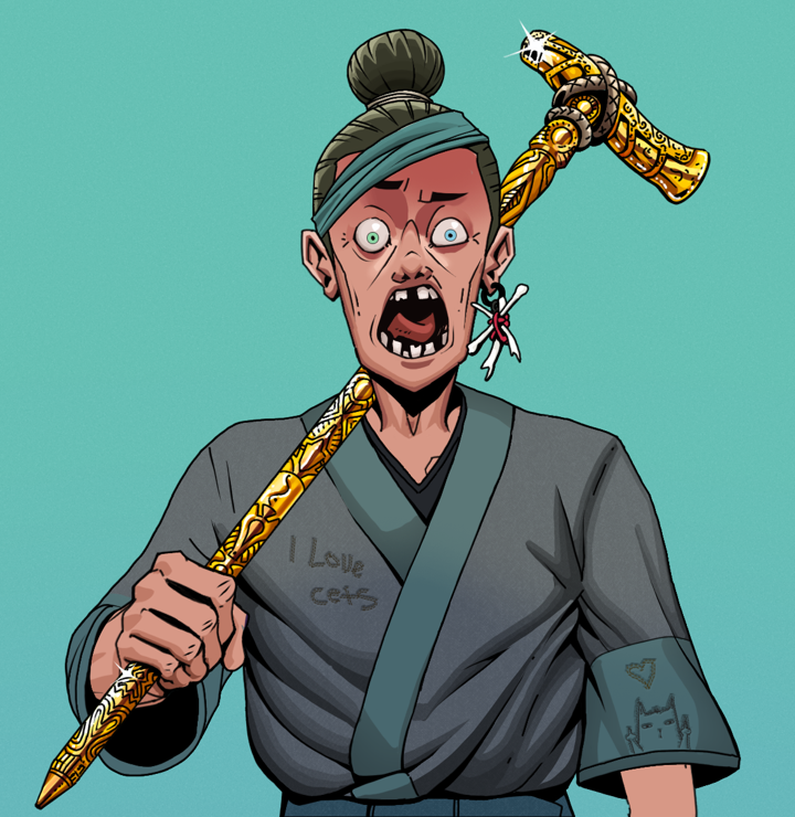 Tokuda — Degen Dojo NFT art (Finger Bones, Teal Daytime, Degens, Cet Kimono, Tokuda, Shirtless Runt, Hair Bun, Golden Walking Cane, Mint)