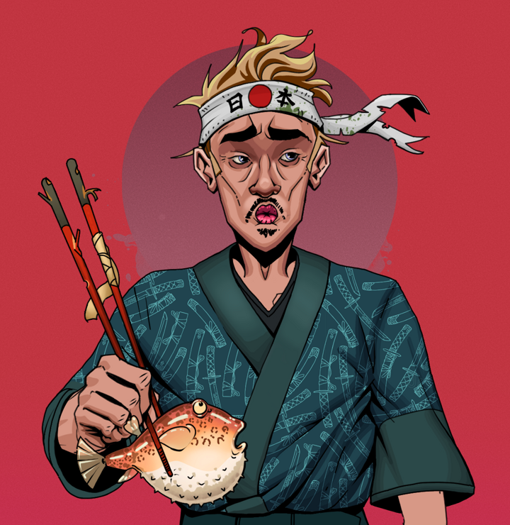 Masumi Steel — Degen Dojo NFT art (Shirtless Runt, Red High Moon, Degens, Katanajamas Kimono, Masumi Steel, Karate Headband, Frightened Fugu, Mint)