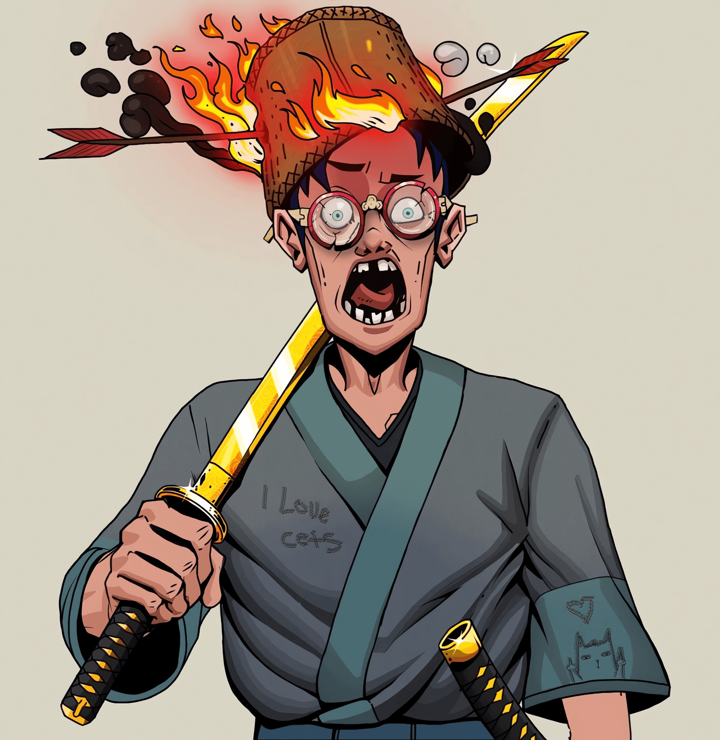 Tokuda — Degen Dojo NFT art (Shirtless Runt, Warm Grey, Degens, Cet Kimono, Tokuda, Broken Glasses, Burning Basket, Golden Katana, Mint)