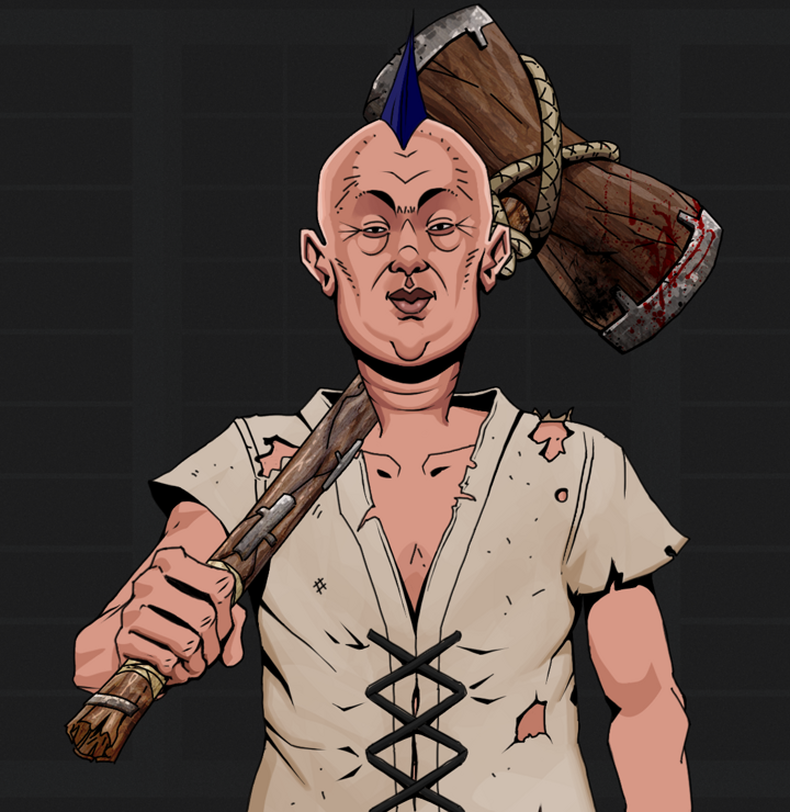 Fat Bob — Degen Dojo NFT art (Shirtless Runt, Shoji Night, Degens, Rice Sack Rags, Fat Bob, Mohawk Spike, Wooden Warhammer, Mint)