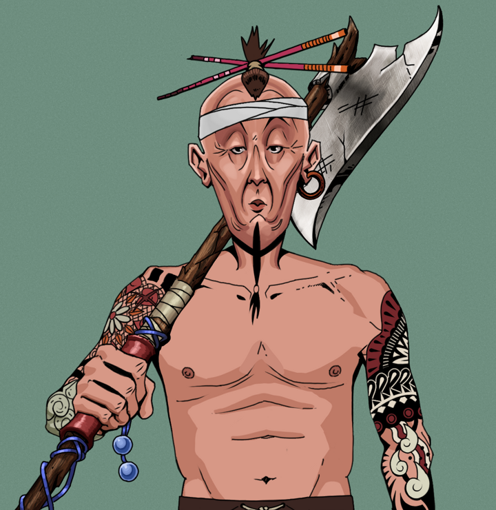 Edmundo — Degen Dojo NFT art (Wooden Loop, Olive Green, Degens, Yakuza Tattoo Sleeves, Edmundo, Shirtless Runt, Hair Bun With Chopsticks, Broken Nagatina, Mint)
