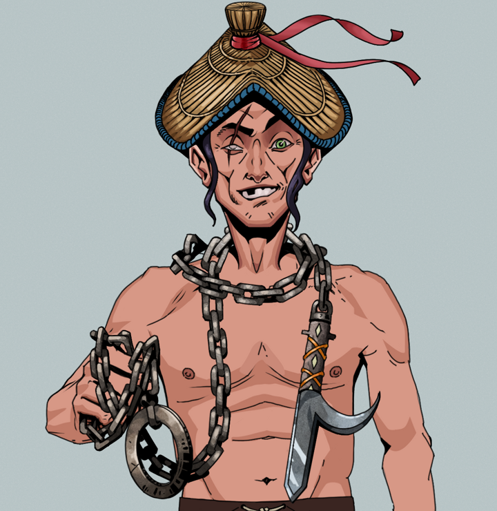 One-Eyed Itsuki — Degen Dojo NFT art (Shirtless Runt, Light Grey, Degens, One-Eyed Itsuki, High Straw Rice Hat, Heavy Kyoketsu, Mint)