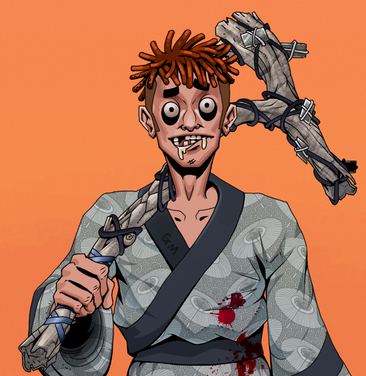 Drooling Azuma — Degen Dojo NFT art (Shirtless Runt, Orange Afternoon, Degens, Loose Parasol Kimono, Drooling Azuma, Orange Bantu Knots, Large Branch, Mint)