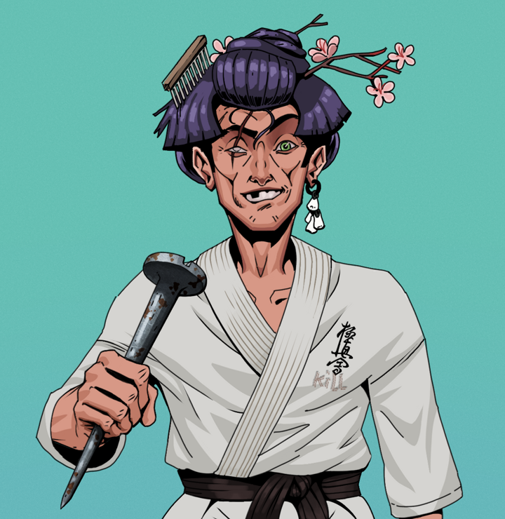 One-Eyed Itsuki — Degen Dojo NFT art (Foes Teeth, Teal Daytime, Degens, Student Gi, One-Eyed Itsuki, Shirtless Runt, Disheveled Geisha, Rusty Nail, Mint)
