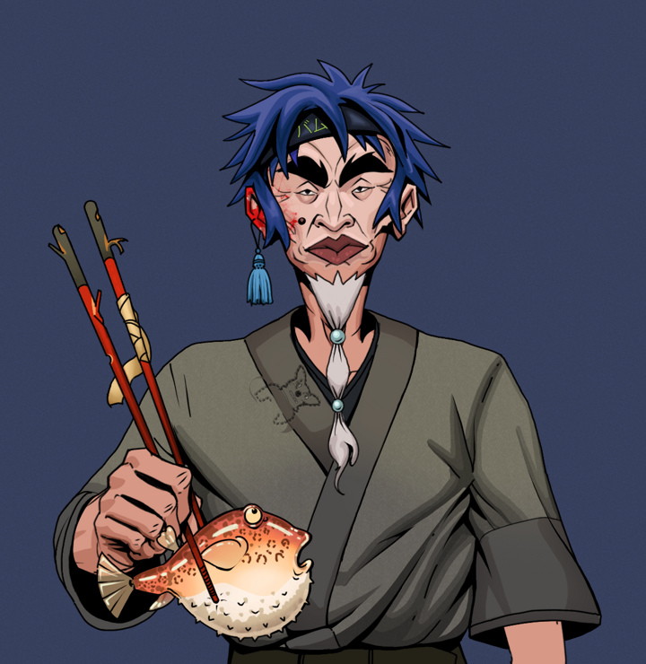 Yuji The Wise — Degen Dojo NFT art (Tassel, Blue Evening, Degens, Puppy Kimono, Yuji The Wise, Shirtless Runt, Bum Headband Ruffian, Frightened Fugu, Mint)