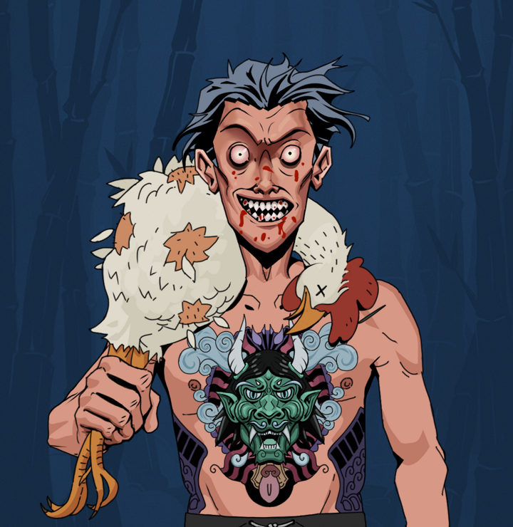 Assassin Fuzen — Degen Dojo NFT art (Shirtless Runt, Night Forest, Degens, Blue Oni Tattoo, Assassin Fuzen, Wavy, Chicken, Mint)