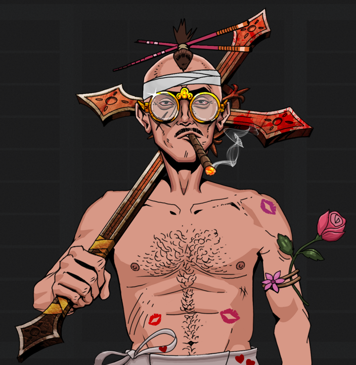 Raikou The Stoner — Degen Dojo NFT art (Shirtless Runt, Shoji Night, Degens, Womanizer, Raikou The Stoner, Golden Glasses, Hair Bun With Chopsticks, Jesuit Bloody Cross, Mint)
