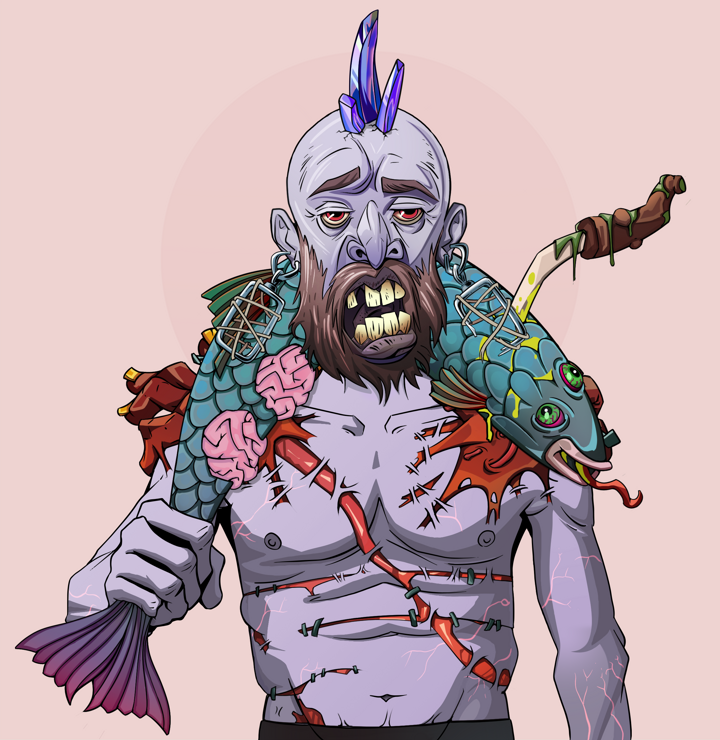Serious Oleg — Degen Dojo NFT art (Iron Earrings, Red High Moon, Demons, Mercenary, Serious Oleg, Shirtless Runt, Mohawk Spike, Dead Fish, Mint)