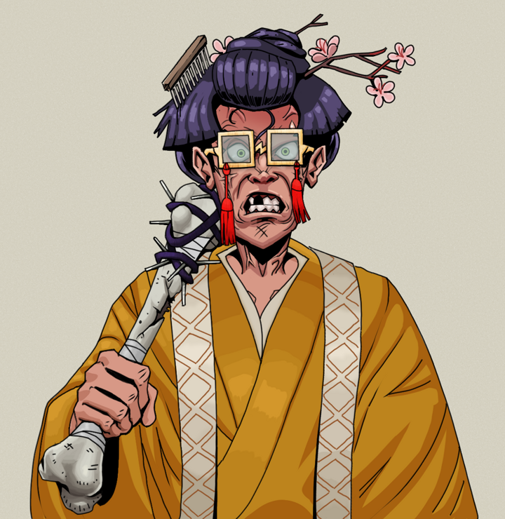Angry Ikari — Degen Dojo NFT art (Shirtless Runt, Warm Grey, Degens, Ordained Dejen, Angry Ikari, Shoji Tassel Glasses, Disheveled Geisha, Spiky Femur, Mint)