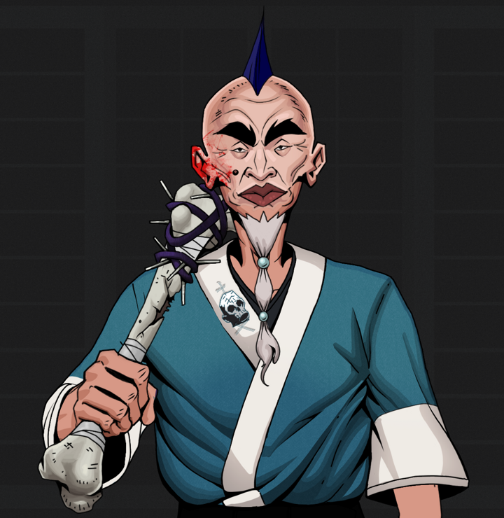 Yuji The Wise — Degen Dojo NFT art (Shirtless Runt, Shoji Night, Degens, Skull Kimono, Yuji The Wise, Mohawk Spike, Spiky Femur, Mint)