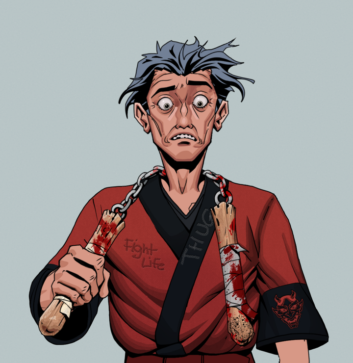 Shitless Botan — Degen Dojo NFT art (Shirtless Runt, Light Grey, Degens, Red Oni Kimono, Shitless Botan, Wavy, Bloody Nunchucks, Mint)