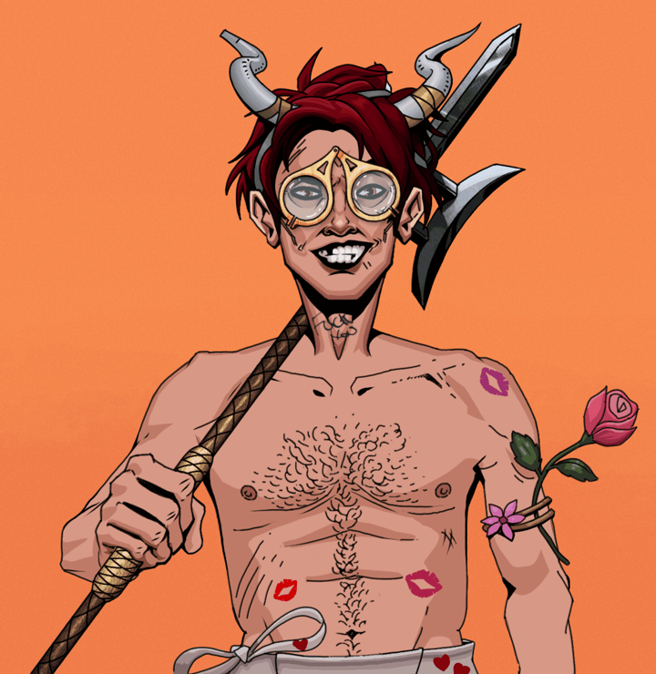 Junichiro — Degen Dojo NFT art (Shirtless Runt, Orange Afternoon, Degens, Womanizer, Junichiro, Pocket Glasses, Grey Oni Horns, Bishamon Yari, Mint)