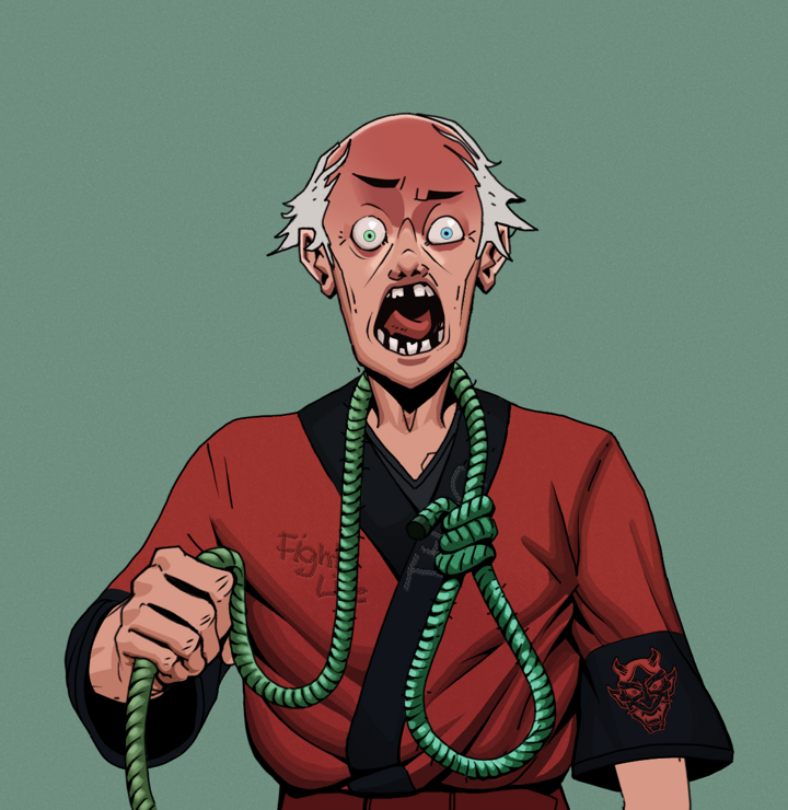 Tokuda — Degen Dojo NFT art (Shirtless Runt, Olive Green, Degens, Red Oni Kimono, Tokuda, Kung Fu Master, Noose, Mint)