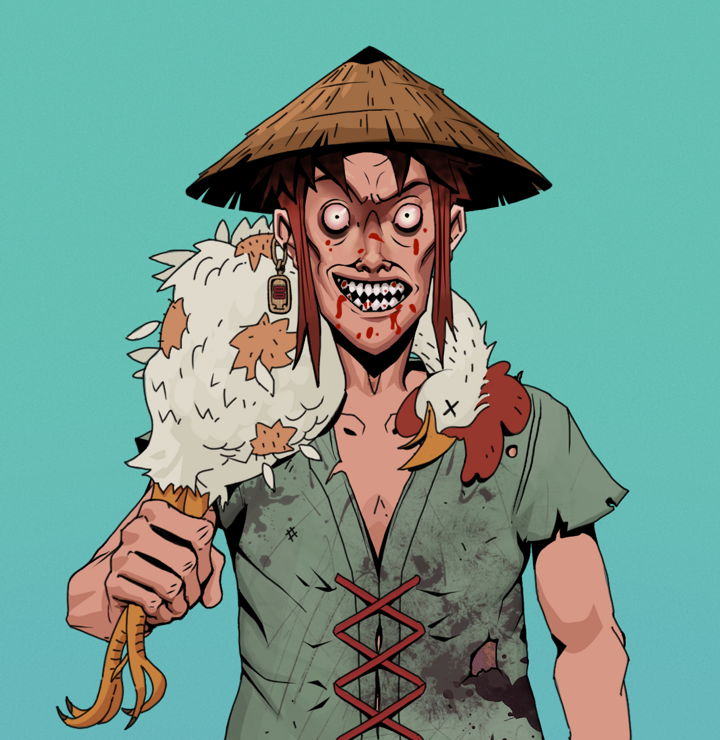 Assassin Fuzen — Degen Dojo NFT art (Dojo Paper Earring, Teal Daytime, Degens, Dirty Peasant Rags, Assassin Fuzen, Shirtless Runt, Rice Hat, Chicken, Mint)