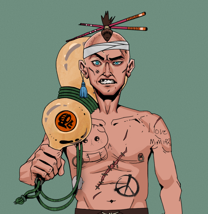 Akuma — Degen Dojo NFT art (Tassel, Olive Green, Degens, Recovering Alcoholic, Akuma, Shirtless Runt, Hair Bun With Chopsticks, Giant Sake Bottle, Mint)
