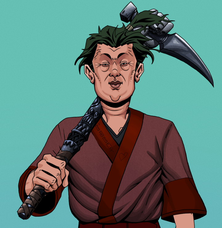 Fat Bob — Degen Dojo NFT art (Shirtless Runt, Teal Daytime, Degens, Proud Dejen Kimono, Fat Bob, Messy Ponytail, Stone Fist-Sickle, Mint)