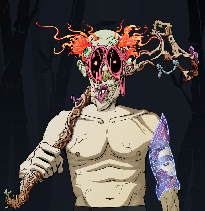 Edmundo — Degen Dojo NFT art (Shirtless Runt, Night Forest, Demons, Skull Sleeve, Edmundo, Pocket Glasses, Red Heihachi, Wooden Walking Cane, Mint)