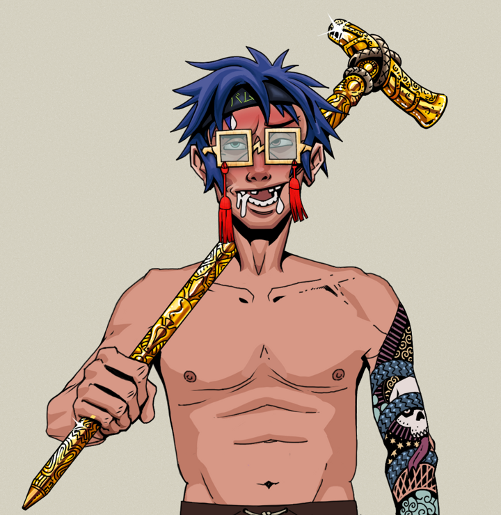 Yuuki — Degen Dojo NFT art (Shirtless Runt, Warm Grey, Degens, Skull Sleeve, Yuuki, Shoji Tassel Glasses, Bum Headband Ruffian, Golden Walking Cane, Mint)