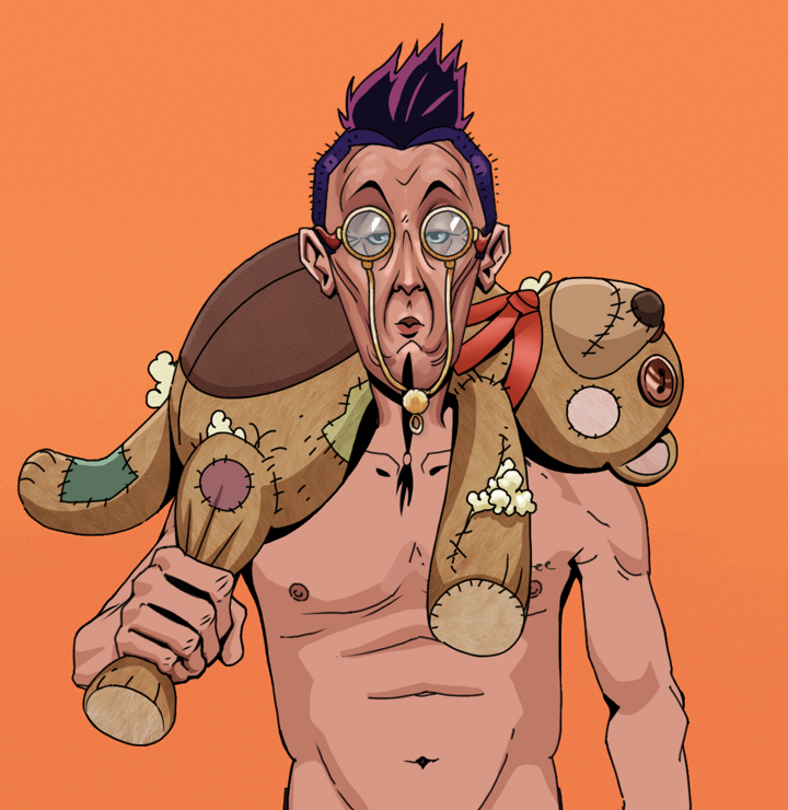 Edmundo — Degen Dojo NFT art (Shirtless Runt, Orange Afternoon, Degens, Nudey Freak, Edmundo, Pompous Glasses, Yakuza Hooligan, Teddy Bear, Mint)
