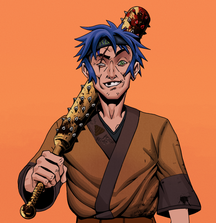 One-Eyed Itsuki — Degen Dojo NFT art (Shirtless Runt, Orange Afternoon, Degens, Poop Pride Kimono, One-Eyed Itsuki, Bum Headband Ruffian, Yakuza Club, Mint)