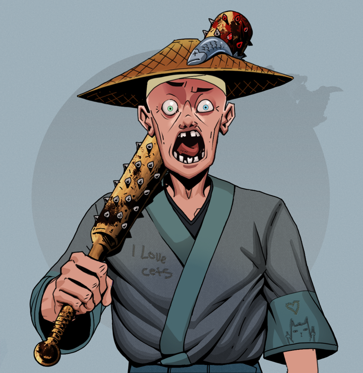 Tokuda — Degen Dojo NFT art (Shirtless Runt, Grey Mist, Degens, Cet Kimono, Tokuda, Wide Kasa Fisherman, Yakuza Club, Mint)