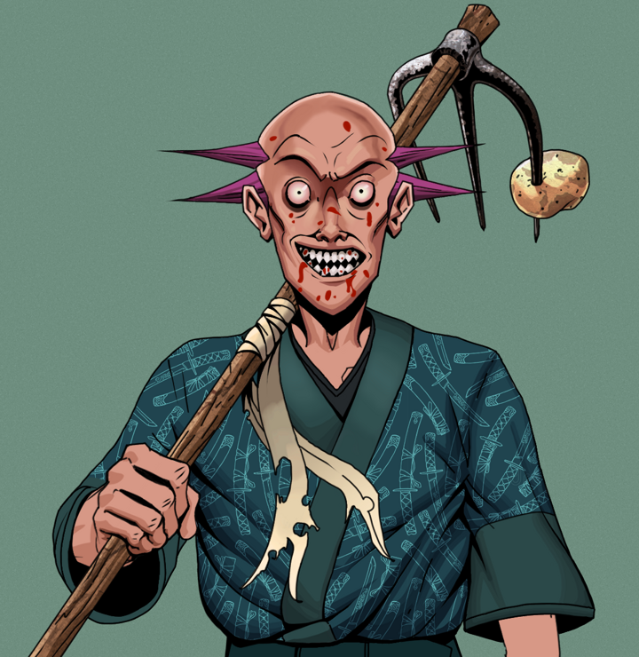 Assassin Fuzen — Degen Dojo NFT art (Shirtless Runt, Olive Green, Degens, Katanajamas Kimono, Assassin Fuzen, Dejen Mohawk, Farmers Hoe, Mint)