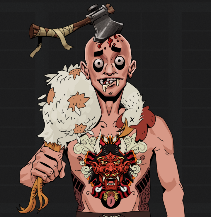 Drooling Azuma — Degen Dojo NFT art (Shirtless Runt, Shoji Night, Degens, Red Oni Tattoo, Drooling Azuma, Splitting Axe Ache, Chicken, Mint)