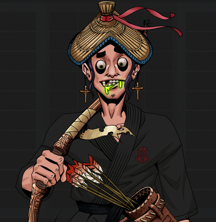Toxic Azuma — Degen Dojo NFT art (Jesuit Crosses, Shoji Night, Degens, Master Black Gi, Toxic Azuma, Shirtless Runt, High Straw Rice Hat, Runed Yumi, Mint)