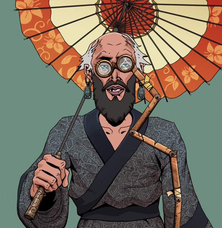 Serious Oleg — Degen Dojo NFT art (Iron Earrings, Olive Green, Degens, Sushi Love Loose Kimono, Serious Oleg, Telescopic Glasses, Kung Fu Master, Floral Parasol, Mint)