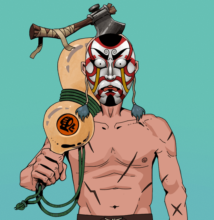 Akuma — Degen Dojo NFT art (Shirtless Runt, Teal Daytime, Degens, Battle Scars, Akuma, Kitsune Mask, Splitting Axe Ache, Giant Sake Bottle, Mint)