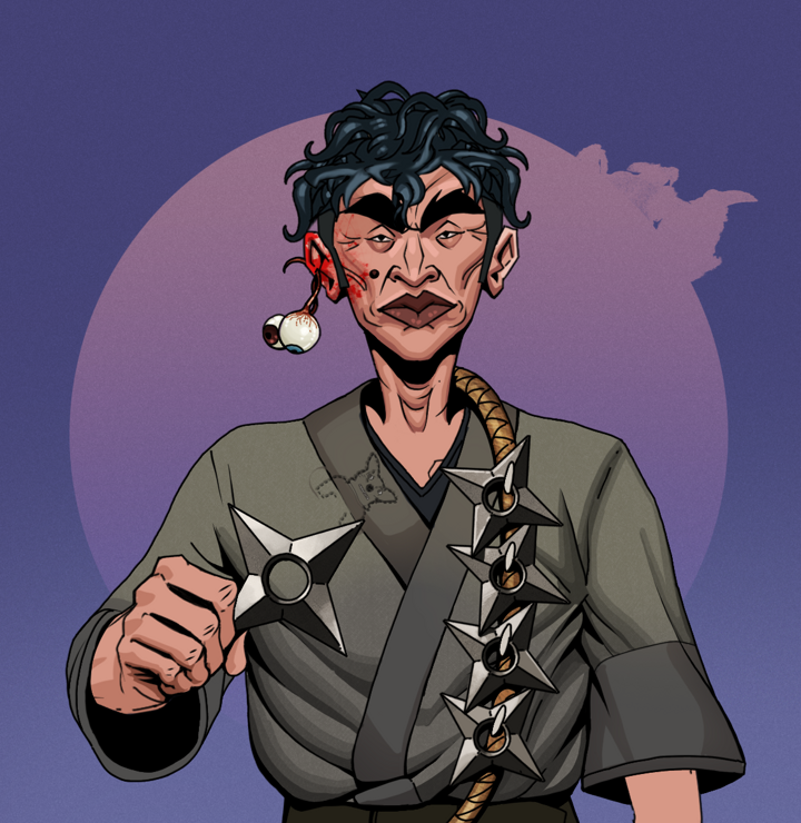 Young Yuji — Degen Dojo NFT art (Shaman Eyes, Purple Night, Degens, Puppy Kimono, Young Yuji, Shirtless Runt, Messy, Shuriken Belt, Mint)
