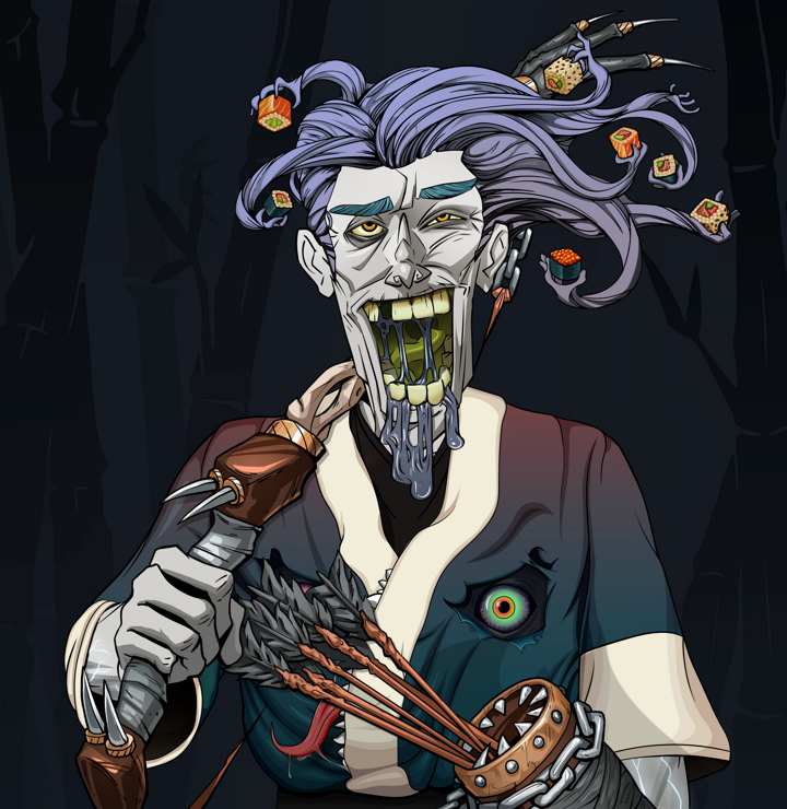 Yuuki — Degen Dojo NFT art (Shirtless Runt, Night Forest, Demons, Skull Kimono, Yuuki, Flowing Battousai, Runed Yumi, Mint)