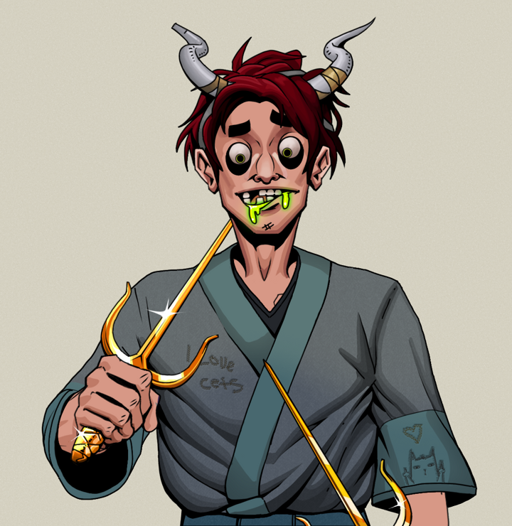 Toxic Azuma — Degen Dojo NFT art (Shirtless Runt, Warm Grey, Degens, Cet Kimono, Toxic Azuma, Grey Oni Horns, Golden Sai, Mint)
