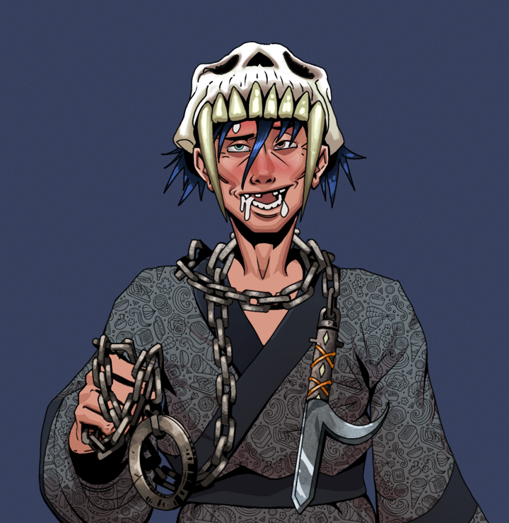 Yuuki — Degen Dojo NFT art (Shirtless Runt, Blue Evening, Degens, Sushi Love Loose Kimono, Yuuki, Sabertooth Skull, Heavy Kyoketsu, Mint)