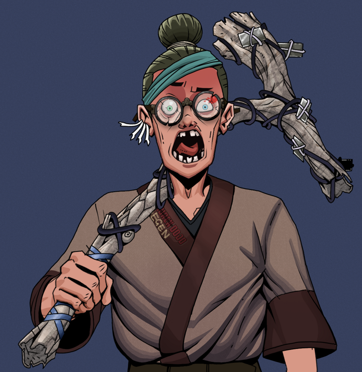 Tokuda — Degen Dojo NFT art (Chicken Bones, Blue Evening, Degens, Degen Dojo Kimono, Tokuda, Bloodied Glasses, Hair Bun, Large Branch, Mint)