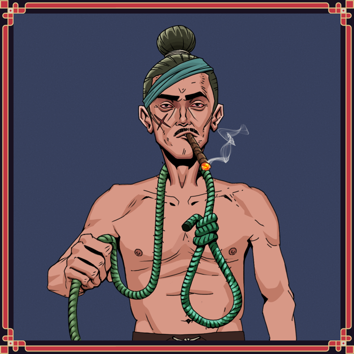 Raikou The Stoner — Degen Dojo NFT art (Shirtless Runt, Blue Evening, Raikou The Stoner, Degen, Hair Bun, Singing Stick Caress, Noose, Framed)