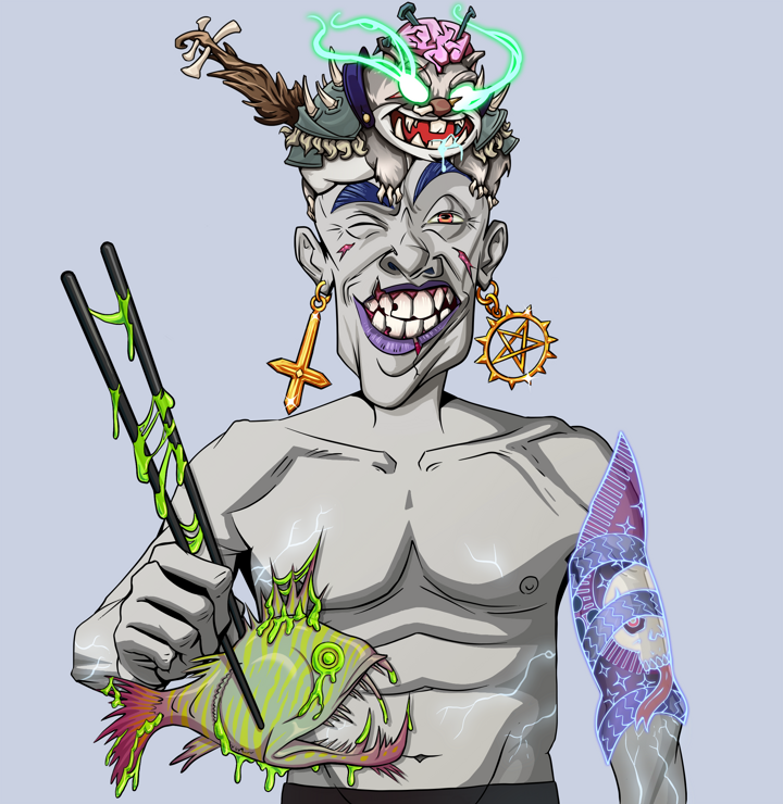 Cheery Haru — Degen Dojo NFT art (Golden Jesuit Crosses, Blue Evening, Demons, Skull Sleeve, Cheery Haru, Shirtless Runt, Mr. Momonga Hat, Frightened Fugu, Mint)
