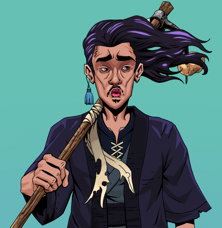 Masumi Steel — Degen Dojo NFT art (Tassel, Teal Daytime, Degens, Daimyo Warrior Kimono, Masumi Steel, Shirtless Runt, Flowing Battousai, Farmers Hoe, Mint)