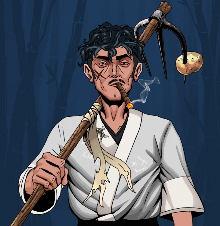 Raikou The Stoner — Degen Dojo NFT art (Shirtless Runt, Night Forest, Degens, No Honor Kimono, Raikou The Stoner, Messy, Farmers Hoe, Mint)