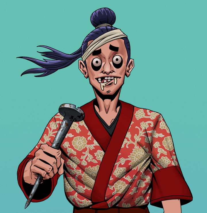 Drooling Azuma — Degen Dojo NFT art (Shirtless Runt, Teal Daytime, Degens, Silken Sunflower Kimono, Drooling Azuma, Long Flowing, Rusty Nail, Mint)