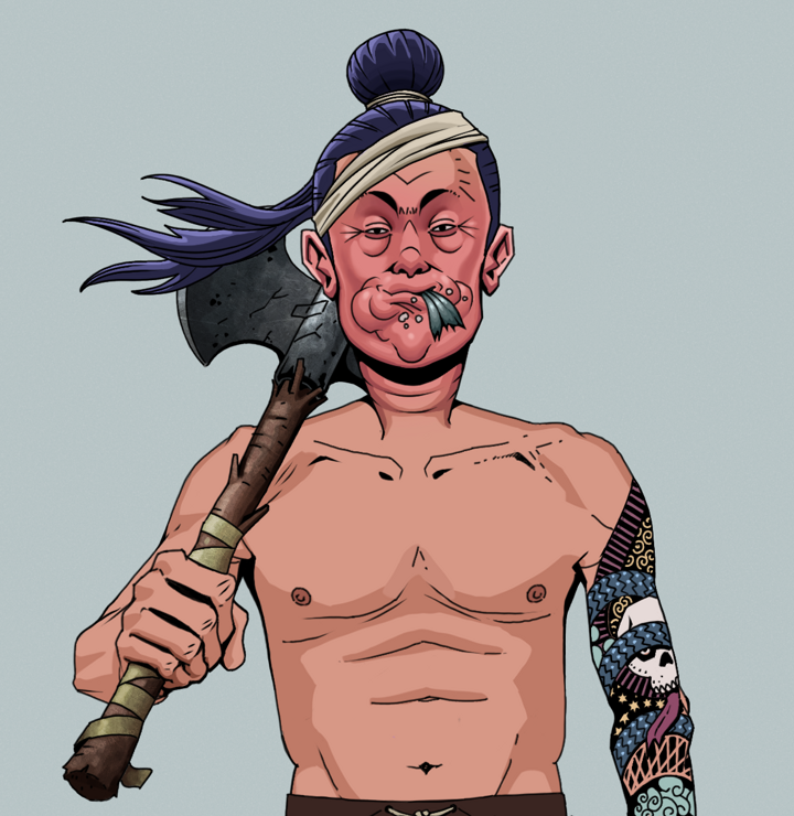 Fatty Bobsticks — Degen Dojo NFT art (Shirtless Runt, Light Grey, Degens, Skull Sleeve, Fatty Bobsticks, Long Flowing, Axe, Mint)
