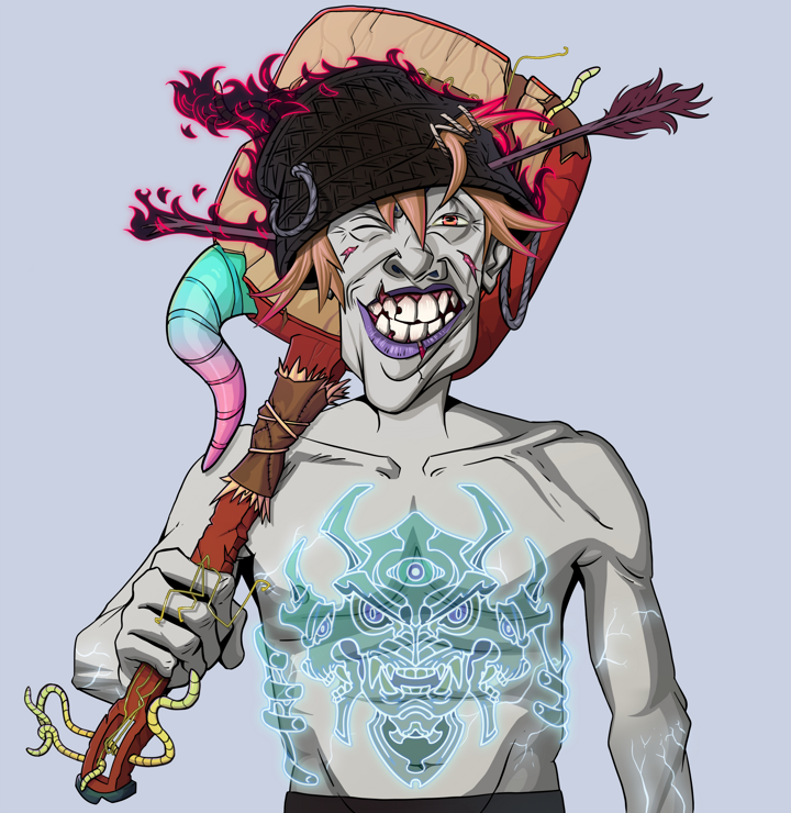 Cheery Haru — Degen Dojo NFT art (Shirtless Runt, Blue Evening, Demons, Blue Oni Tattoo, Cheery Haru, Burning Basket, Shamisen, Mint)