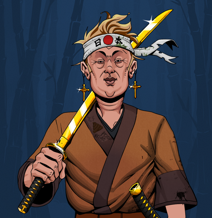Fat Bob — Degen Dojo NFT art (Golden Jesuit Crosses, Night Forest, Degens, Poop Pride Kimono, Fat Bob, Shirtless Runt, Karate Headband, Golden Katana, Mint)