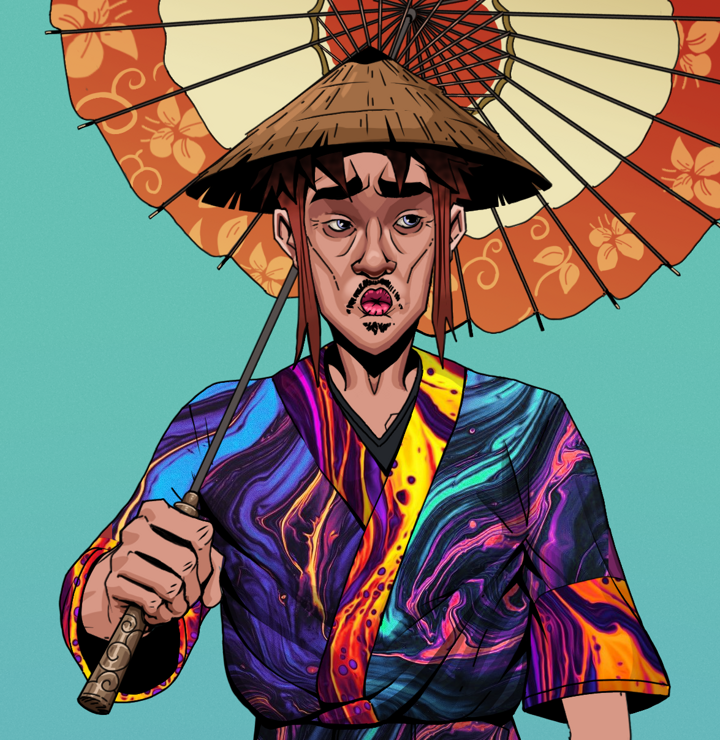 Masumi Steel — Degen Dojo NFT art (Shirtless Runt, Teal Daytime, Degens, Rainbow Kimono, Masumi Steel, Rice Hat, Floral Parasol, Mint)