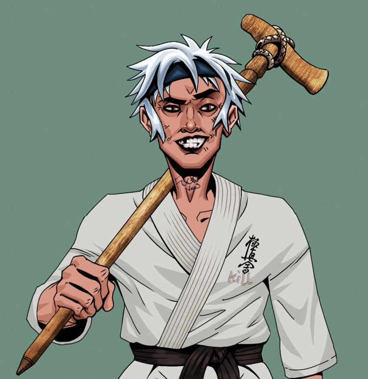 Junichiro — Degen Dojo NFT art (Shirtless Runt, Olive Green, Degens, Student Gi, Junichiro, White Ruffian, Wooden Walking Cane, Mint)