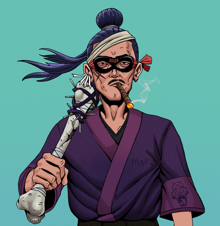 Raikou The Stoner — Degen Dojo NFT art (Chicken Bones, Teal Daytime, Degens, Money Kimono, Raikou The Stoner, Degen Superhero, Long Flowing, Spiky Femur, Mint)