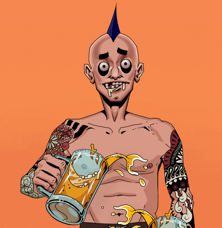 Drooling Azuma — Degen Dojo NFT art (Shirtless Runt, Orange Afternoon, Degens, Yakuza Tattoo Sleeves, Drooling Azuma, Mohawk Spike, Beer Splash, Mint)