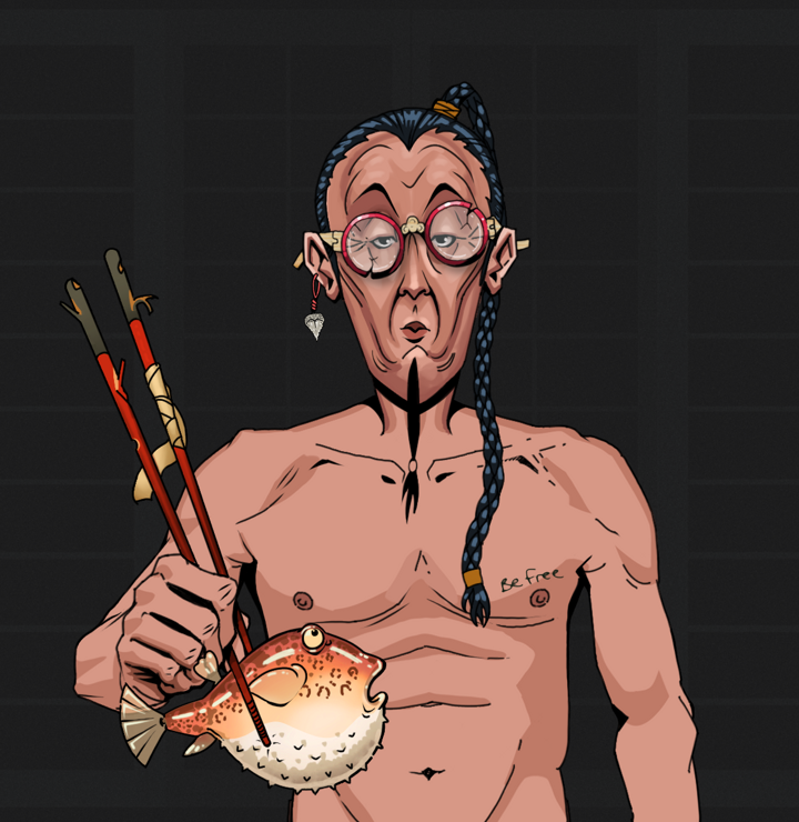 Edmundo — Degen Dojo NFT art (Shark Tooth, Shoji Night, Degens, Nudey Freak, Edmundo, Broken Glasses, Braided Samurai Ponytail, Frightened Fugu, Mint)