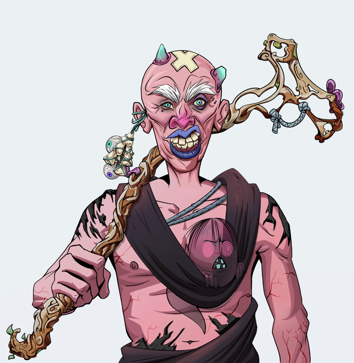 Young Yuji — Degen Dojo NFT art (Foes Teeth, Light Grey, Demons, Little Momonga Friend, Young Yuji, Shirtless Runt, Bald, Wooden Walking Cane, Mint)